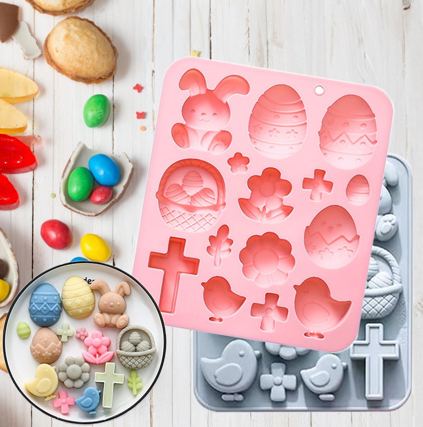 Easter Bunny Egg Chocolate Mold Set - 15-Cavity Silicone Baking Molds with Rabbit &amp; Egg Designs, Food-Grade for Easter Cakes, Spring Party Treats &amp; DIY Crafts - 2 Pack