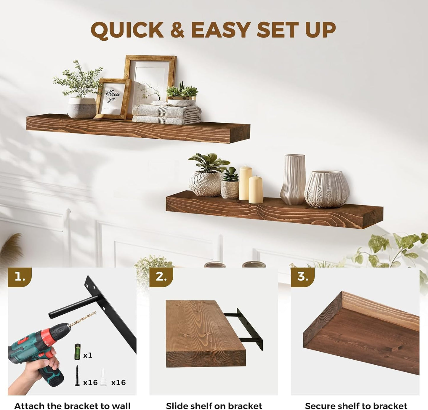 Solid Wood Floating Shelves, 36 Inch Wall Shelves, Set of 2, Brown