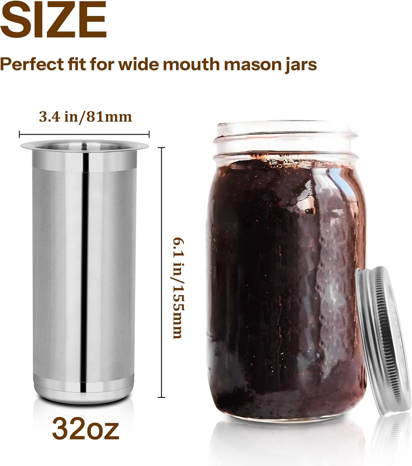 Cold Brew Coffee Filter for 1 Quart Wide Mouth Mason Jar, Double Layer 304 Stainless Steel Filter Ultra Fine Mesh for Cold Brew