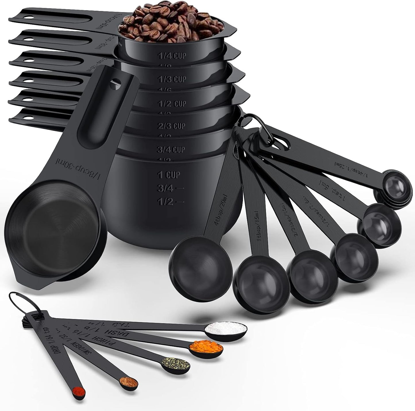 21 Pcs Stainless Steel Measuring Cups and Spoons Set, Wildone Stackable Metal Measuring Cups and Spoons for Cooking &amp; Baking, Includes 7 Cups, 9 Spoons and 5 Mini Spoons（Black）