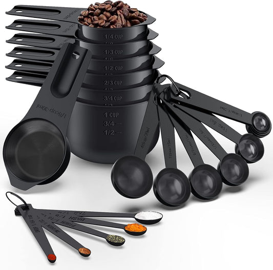 21 Pcs Stainless Steel Measuring Cups and Spoons Set, Wildone Stackable Metal Measuring Cups and Spoons for Cooking &amp; Baking, Includes 7 Cups, 9 Spoons and 5 Mini Spoons（Black）
