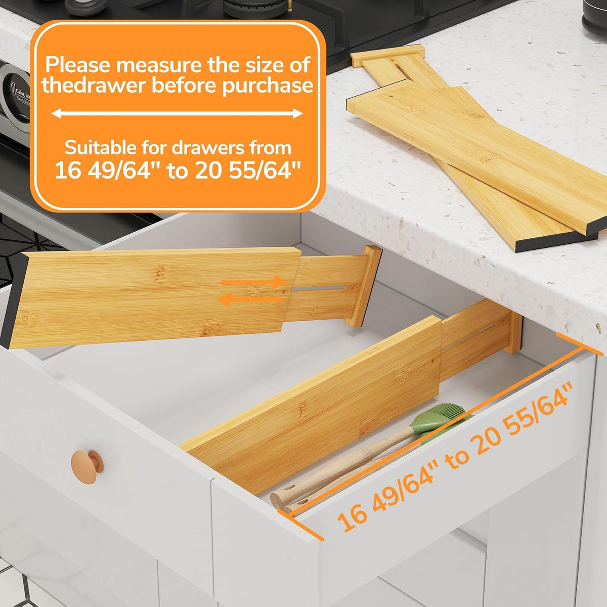 BAMEOS Bamboo Expandable Drawer Dividers – Fits 16.65"–22" Drawers, 4" Extra Deep Walls, Set of 4 | Maximum-Height Spring-Loaded Organizer for Deep Kitchen, Bathroom &amp; Dresser Drawers