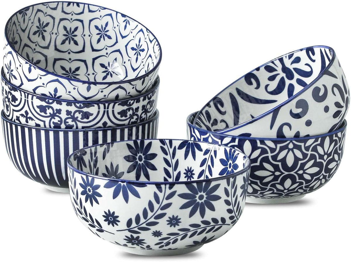 Cereal Bowls, 28 Ounce Ceramic Soup Bowls Set of 6, Large Bowl Set for Rice Salad Fruit Dessert Oatmeal Snack Ice Cream,Microwave &amp; Dishwasher Safe, Blue &amp; White