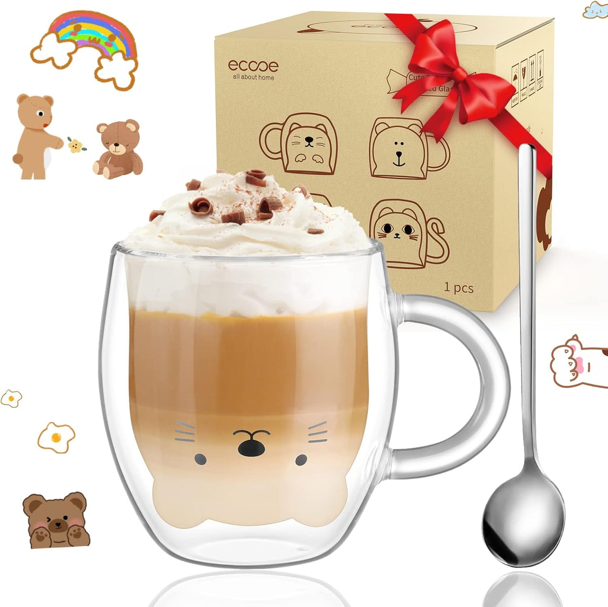 ecooe Cute Bear Mug Glass Coffee Cup 9.8oz Double Walled Glass Mug Cappuccino Latte Glass Cup with Handle Spoon, Milk Tea Bear Cup Birthday Christmas Valentine's Day Gifts for Women Kids Girls Friends