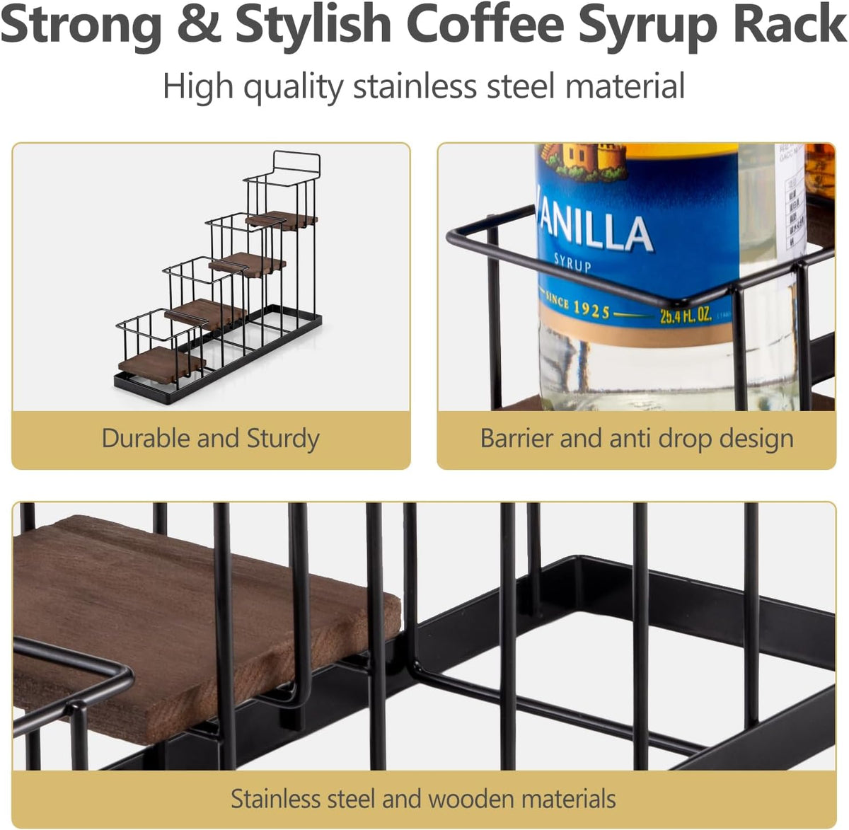 Coffee Syrup Rack Organizer, with Rustic Wood Holder Coffee Station Bar Accessory for Syrup, Wine, Dressing Bottle Countertop Display Storage Stand for Kitchen with Basket and Hooks Holds 4 Bottles