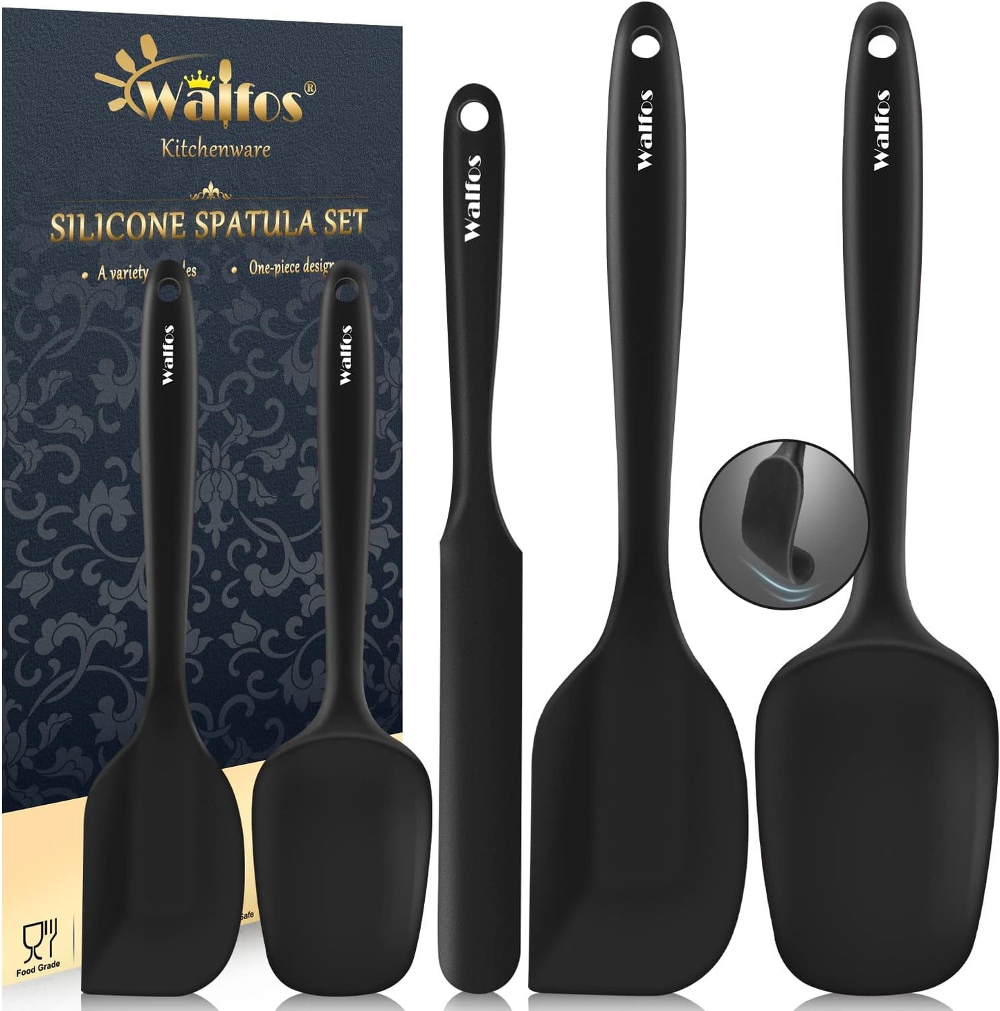 Walfos 600°F High Heat Resistant Silicone Spatula Set of 5- Food Grade Rubber Spatula Set for Baking Cooking &amp; Mixing - BPA Free, Non Stick and Dishwasher Safe,black