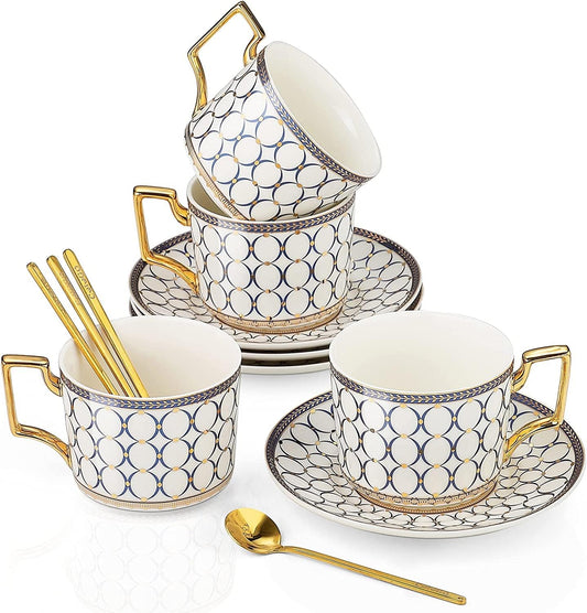 CwlwGO-European Style Ceramic Coffe Cup and Saucer Sets, 7 Oz Bone China Beautifully Glazed Blue Gold Tea Cup Set, Golden