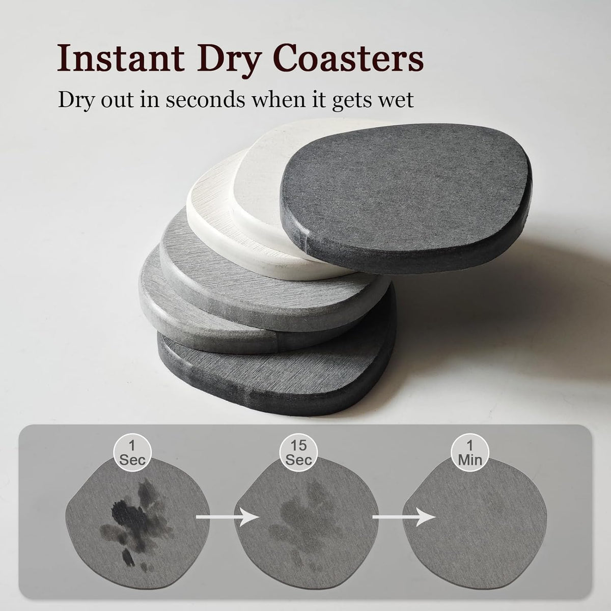Instant Dry Stone Absorbent Diatomite Coaster Set of 6 for Drinks Wine Coffee, Modern Unique Cup Diatomaceous Earth Coasters for Coffee Table Office Desk, Grey and White
