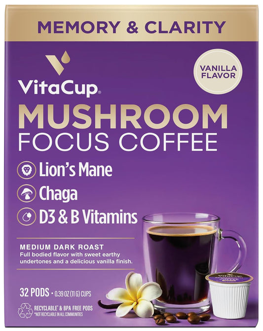 VitaCup Focus Mushroom Coffee Pods, Vanilla Flavored Coffee with Chaga, Lion’s Mane, Vitamins, Medium Dark Roast Arabica