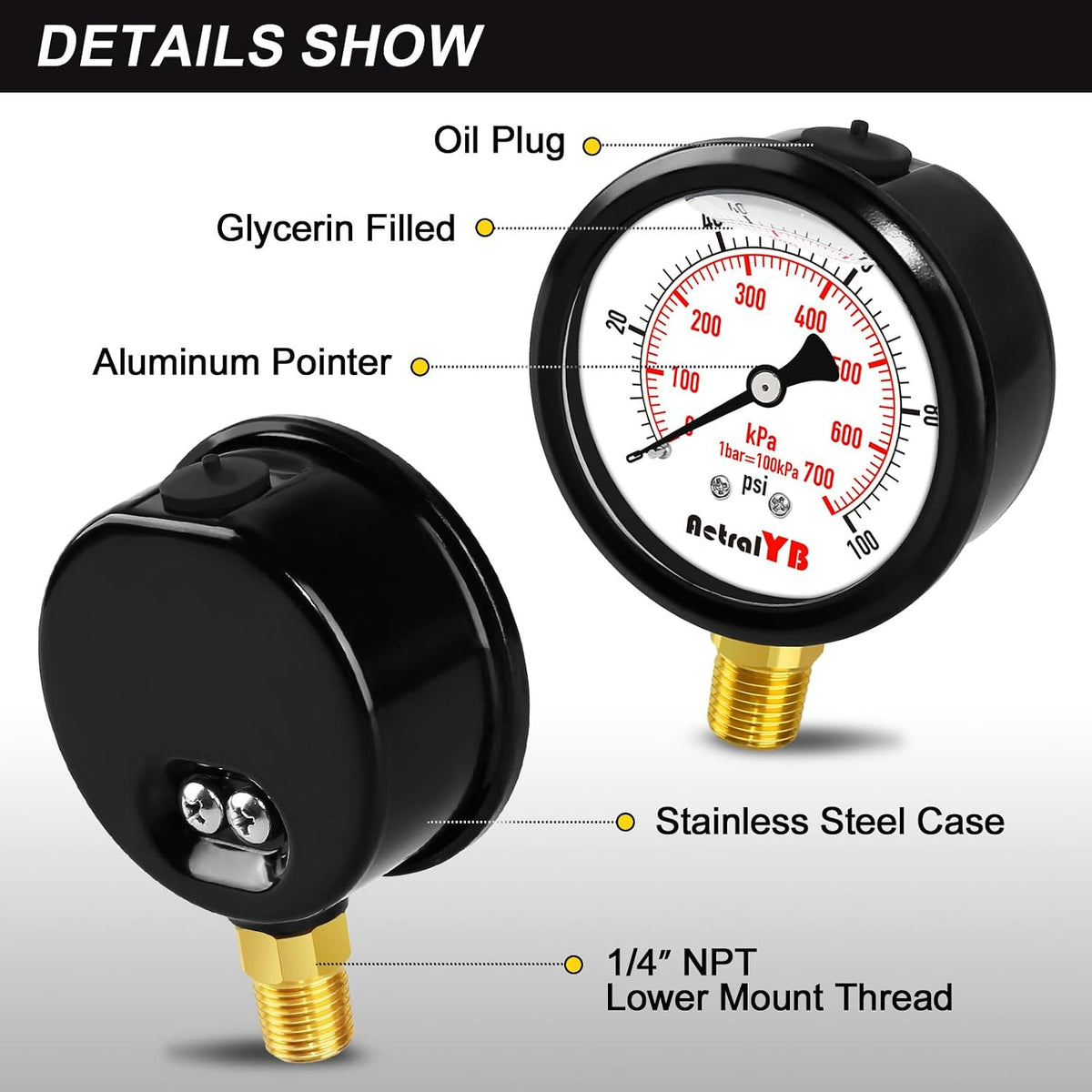 100Psi 2.5Inch Lower Mount Water Pressure Gauge 1/4 NPT | Glycerin Filled, Stainless Steel Case, for Home Water Pressure Testing, Well Tank, Pump, Pool Filter Monitoring