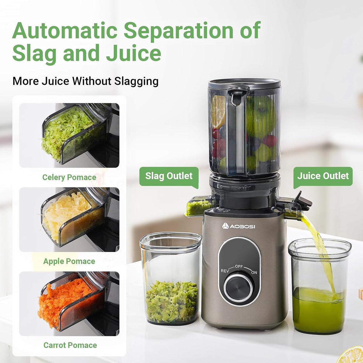 AAOBOSI Cold Press Juicer, 4.35" Large Feed Chute Masticating Juicer Machines (Upgrade) High Juice Yield Slow Juice Extractor fit Fruits &Vegetables, Easy to Clean, New Designed for Home and Travel