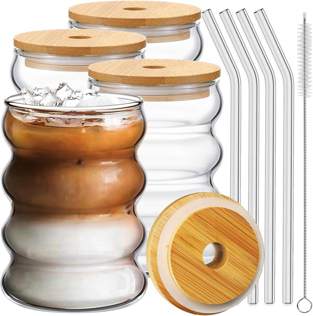 4 Pcs Drinking Glasses with Bamboo Lids and Glass Straw 14oz Glassware Set