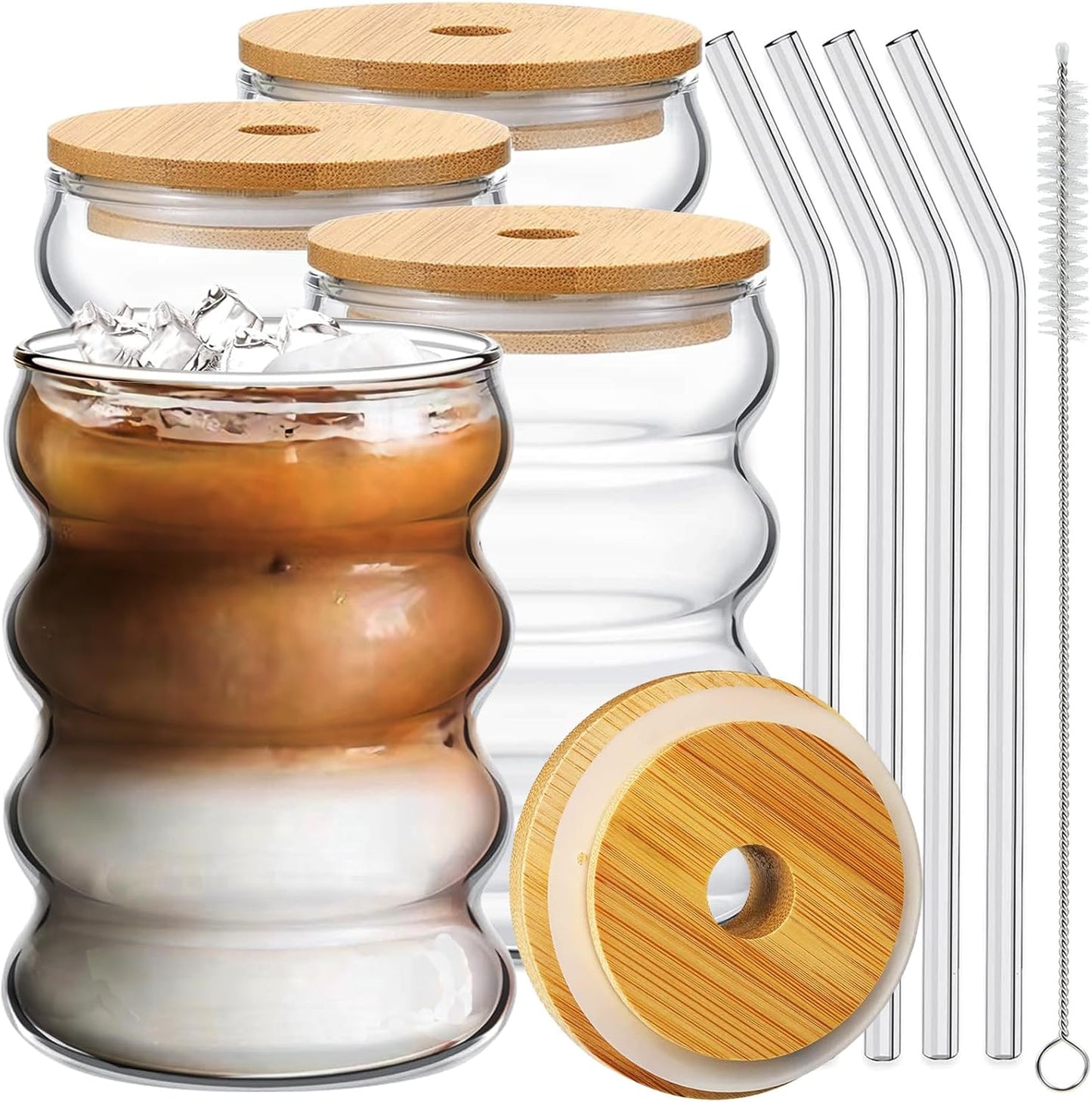 4 Pcs Drinking Glasses with Bamboo Lids and Glass Straw 14oz Glassware Set,Cocktail Glasses,Iced Cof