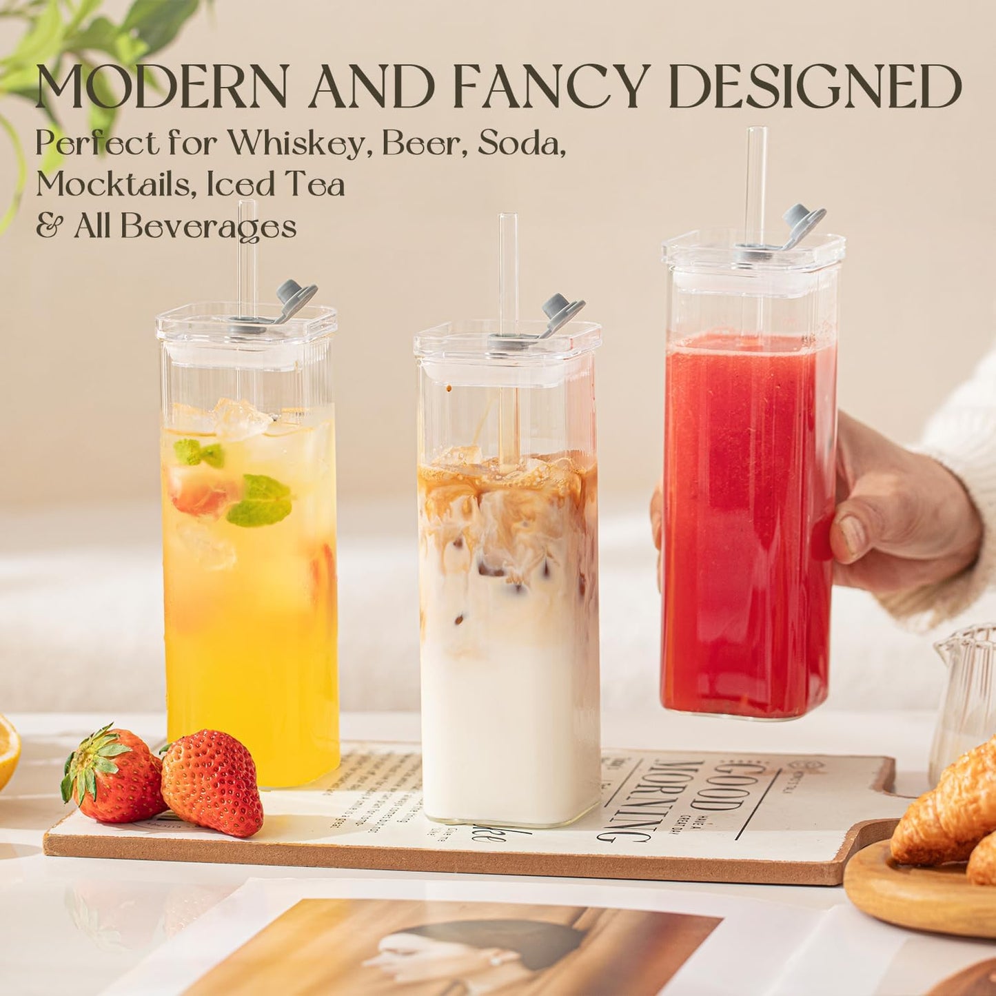 KEMORELA 6 Sets Square Drinking Glass Cups, Old Fashioned Glasses, 17 Oz Square Glasses, Clear Highball Modern Glassware Tumbler Mixed Drinkware with Straws for Cocktail Coffee Juice(Square-6PCS)