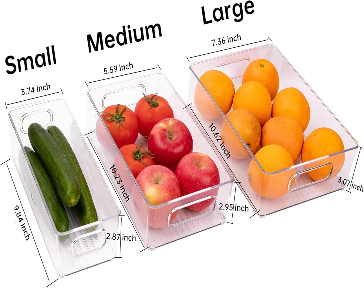 12 Pack Refrigerator Organizer Bins, 3 Sizes Stackable Clear Pantry Storage with Handles and 30 PCS Plastic Bags for Fridge, Freezer, Shelves, Drawer, Snack Organizer for Home & Kitchen