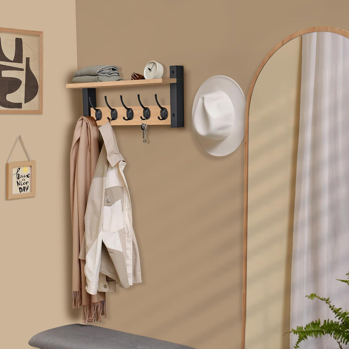 Sorbus Coat Rack Wall Mount with Shelf (Maple Wood, 16 Inch)