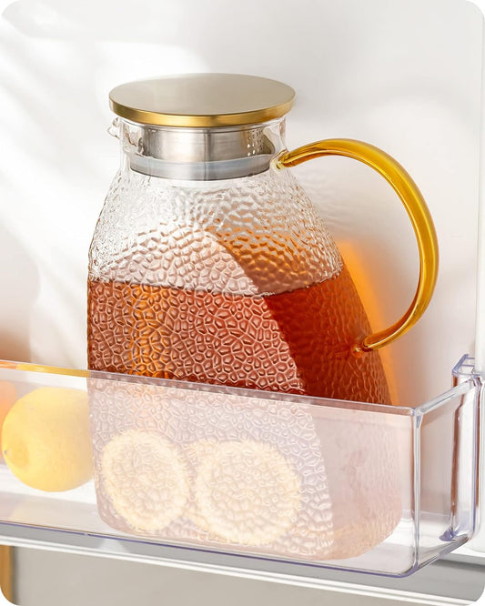 Baffect Water Pitcher, High Borosilicate Glass Jug with Stainless Steel Lid, Leakproof Fridge Door Carafe for Hot or Cold