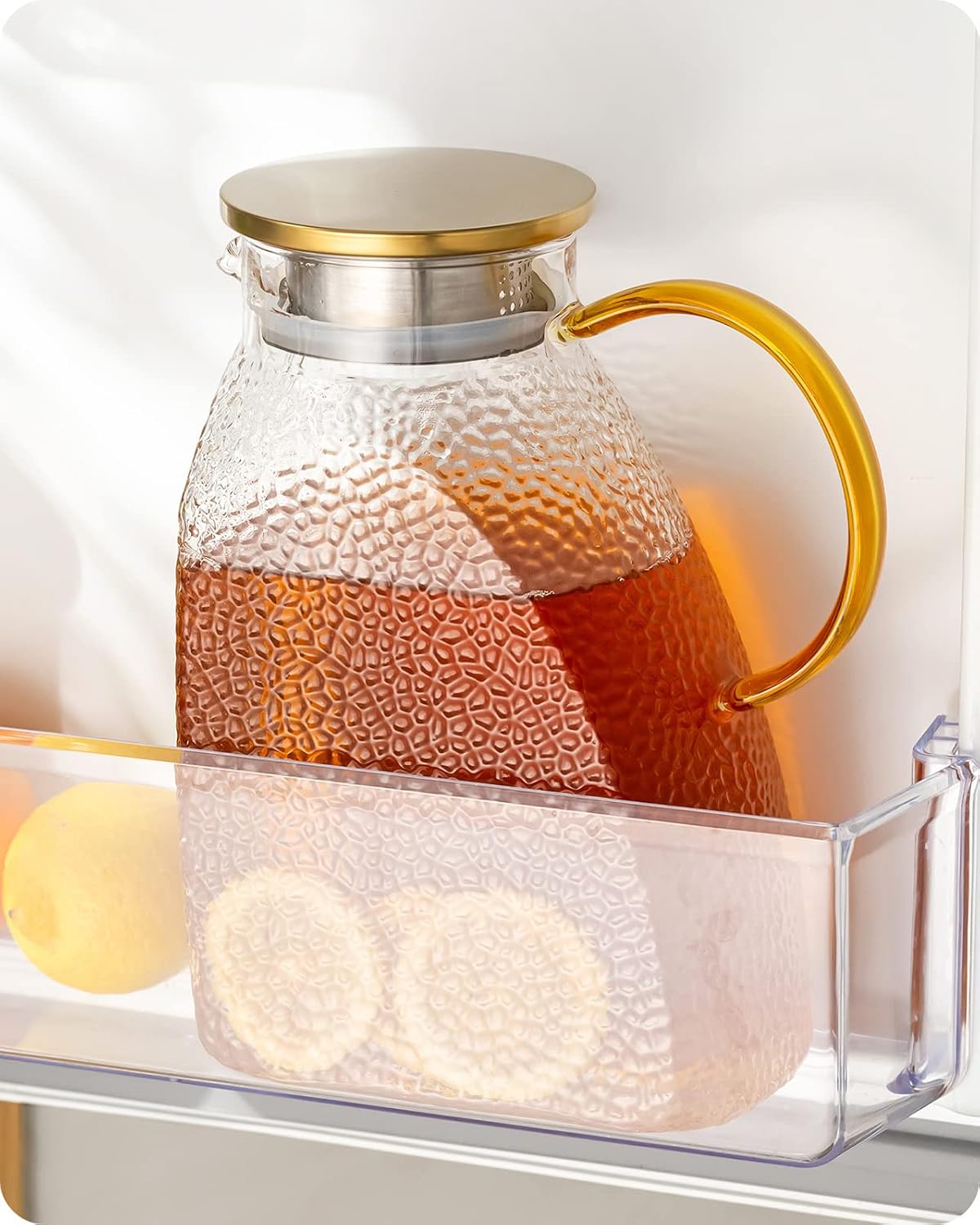 Baffect Water Pitcher Glass Jug With Lid and Spout (Hammer Pattern) | 63oz High Borosilicate Glass Pitcher With Gold Handle, Fridge Door Carafe For Hot Cold Drink, Mlik, Juice, Ice Tea, Lemonade