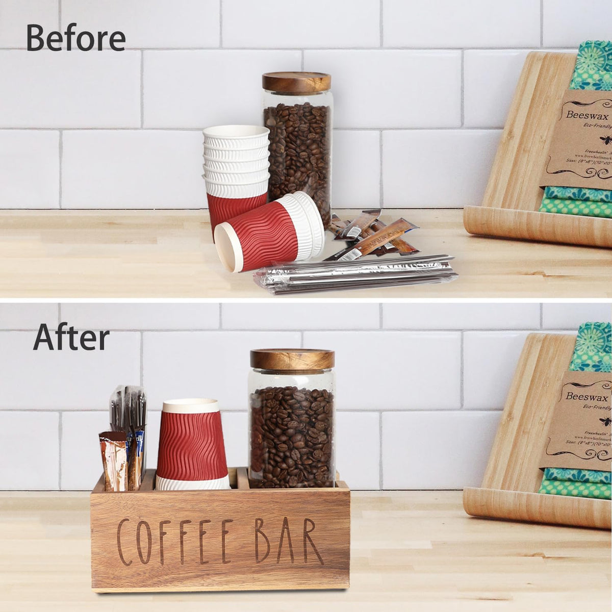 Acacia Wood Station Organizer,Coffee Station Organizer for Cup Lid Stirrers Pod, Disposable Coffee Cup Holder, Farmhouse Accessories Decor, Brown Labeled COFFEE BAR