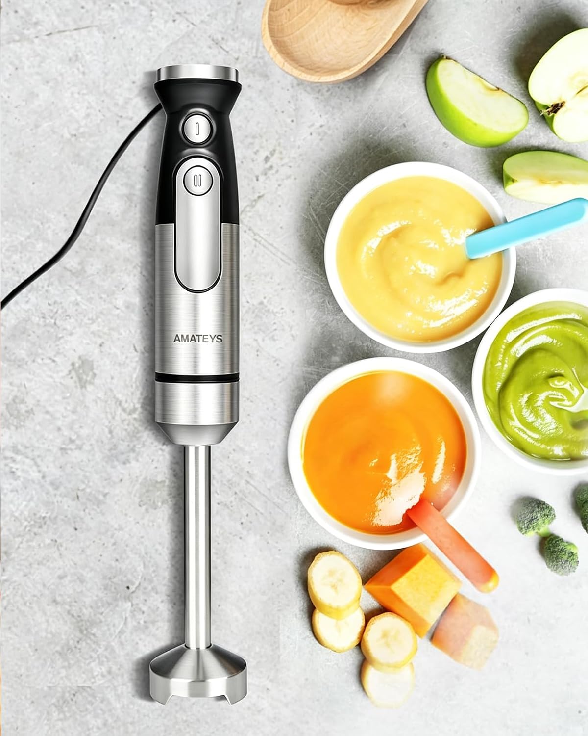 Amateys Handblender with Plug,Immersion Blender Handheld, Heavy-Duty Copper Motor, Detachable Stainless Blade Dishwasher Safe, 2 Modes with Pulse,Infinitely Variable Speed, Space-Saving Design