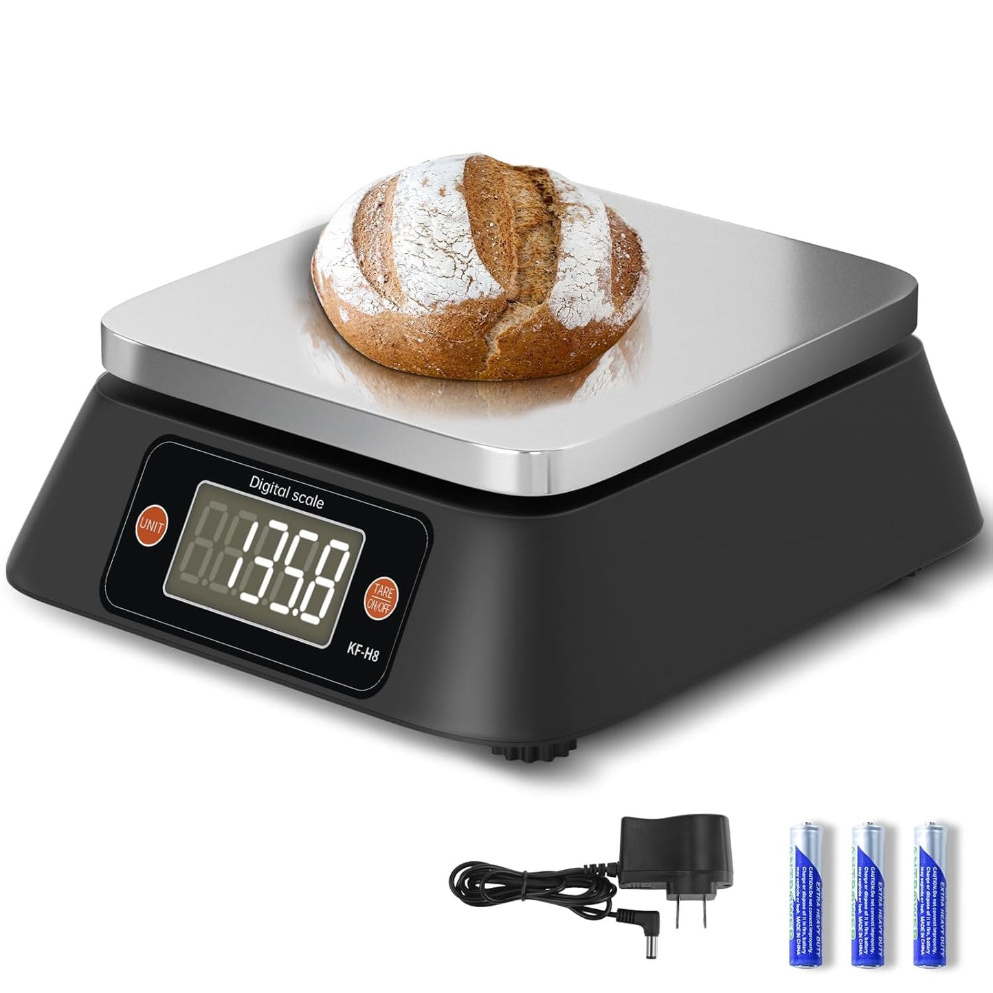 Kitchen Scales Digital Weight Grams and Ounces, YONCON KF-H8U Food Scale for Bakers, Candle and Soap Making, Baking Scale with Stainless Steel Large Platform, 22lb, 3*AA Batteries and AC Power Adapter