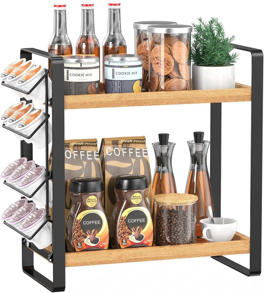 LEMIKKLE Coffee Station Organizer for Counter,Condiment Storage Caddy for Kitchen,2 Tier Wooden Shelf for Coffee Bar