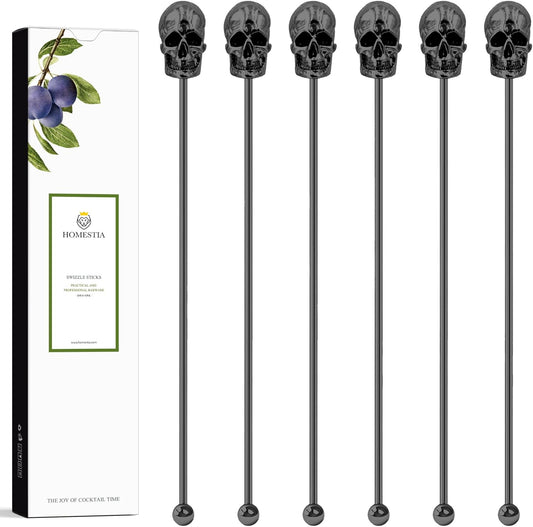 Homestia 6Pcs Skull Swizzle Sticks 7.5inch Coffee Stirrers Reusable Stainless Steel Beverage Cocktail Stirrer for Bar