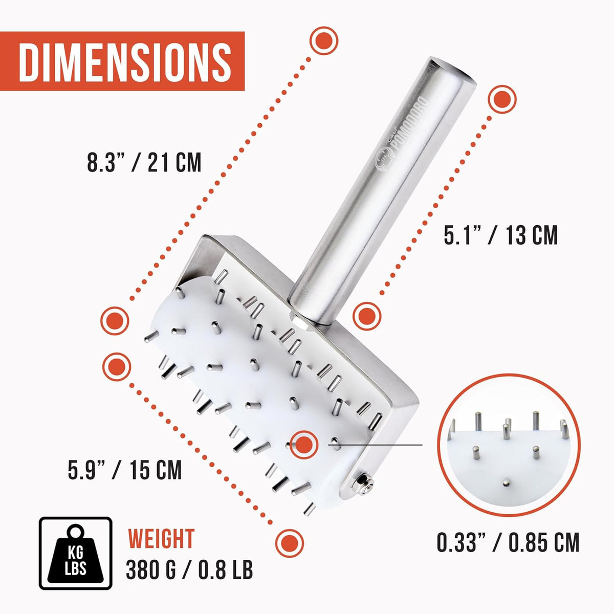 Chef Pomodoro Dough Docker, Pizza Roller, Pizza Dough Roller 7mm Spikes | Ergonomic Handle,Rust-Resistant Pizza Dough Docker Roller with Precision Pizza Roller Spikes for Cracker and Pizza Dough