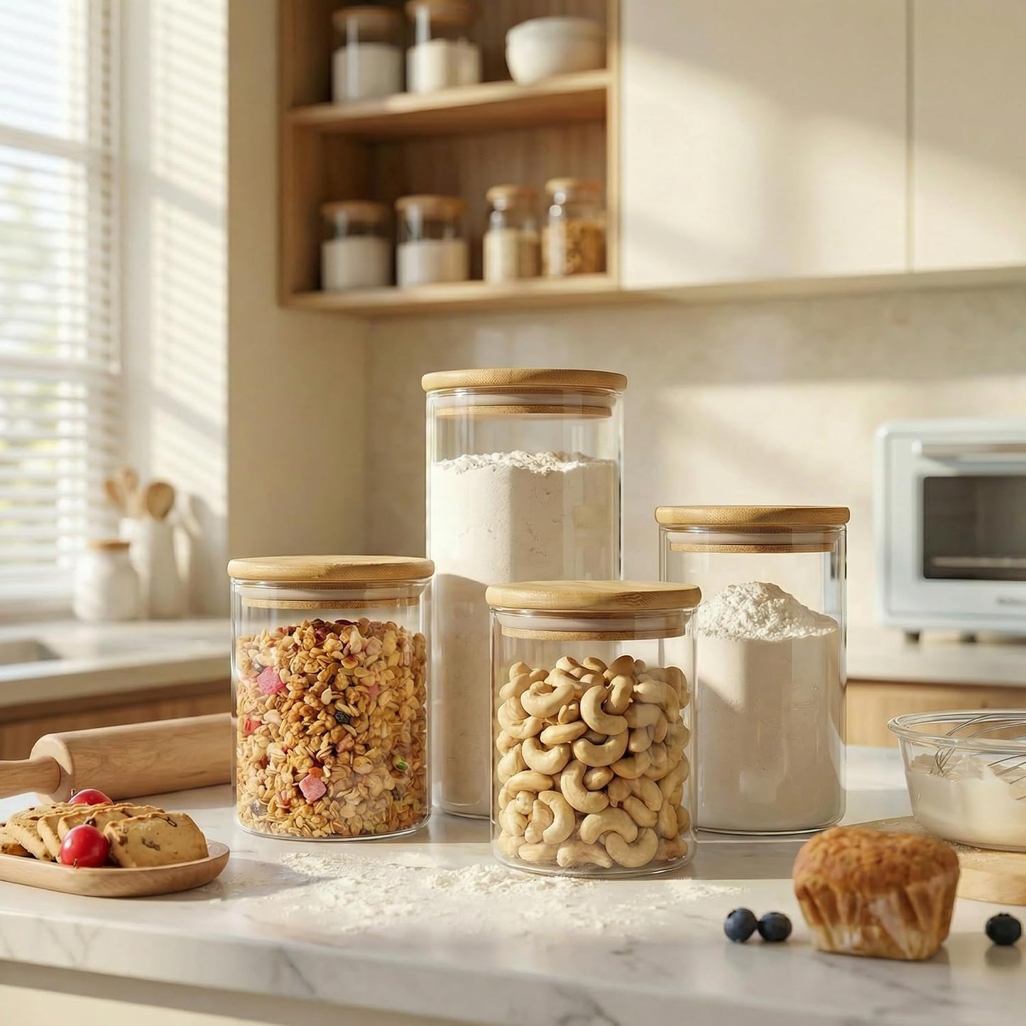 Large Glass Storage Containers with Bamboo Lids for Flour &amp; Sugar, 4 Pack