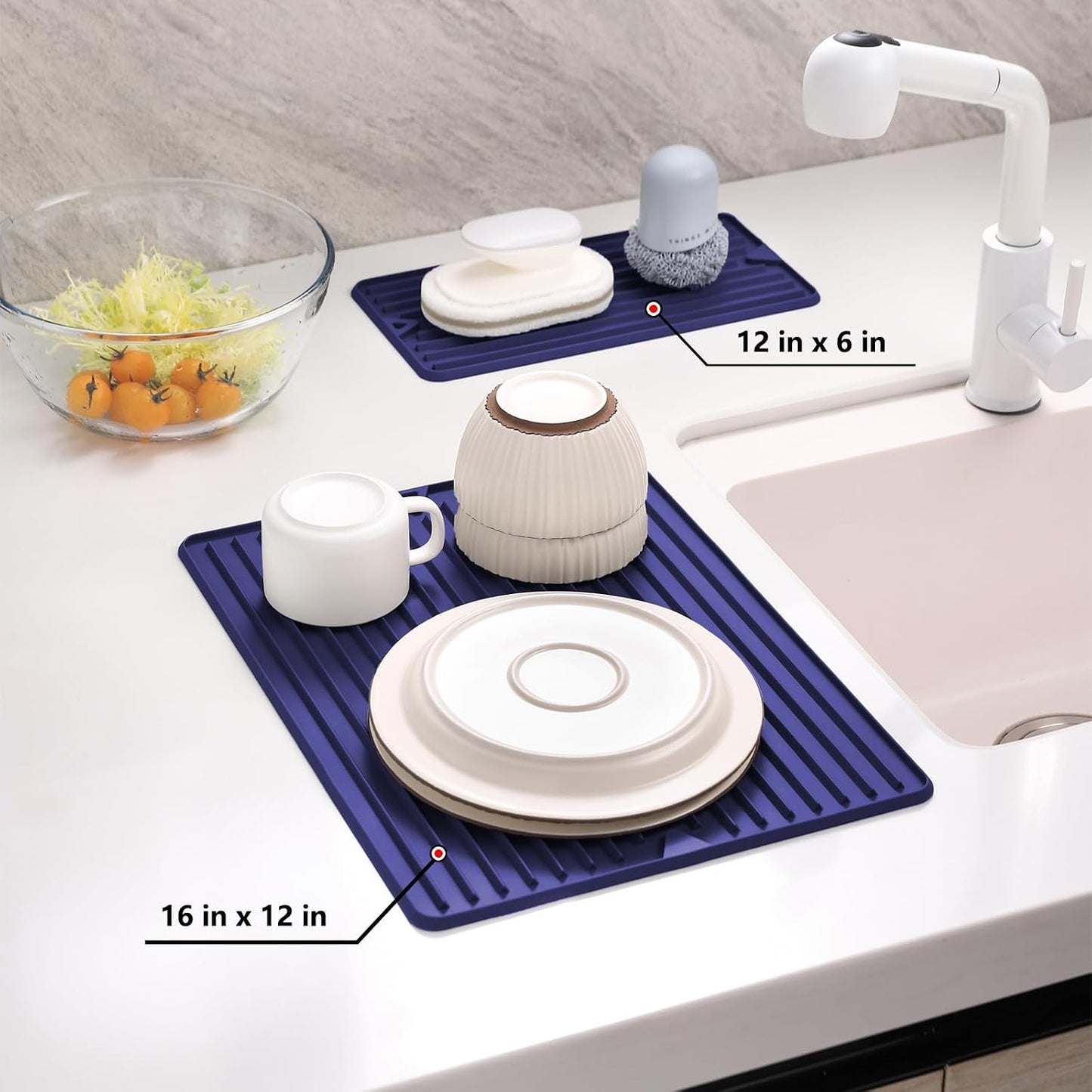 Silicone Dish Drying Mat, Flexible and Thick, 12" x 16", Blue | For Kitchen Counter and Bathroom, Heat Resistant Trivet, Countertop Protector, Non-Toxic, Non-Slip, For Under Dishes Rack