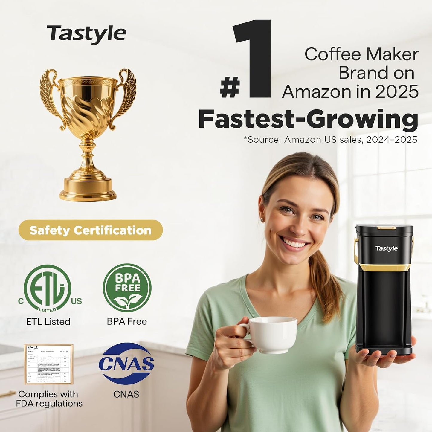 Tastyle Mini Single Serve Coffee Maker for K Cups and Grounds with Handle | for Travel, Camping, Office, RV and Dorm, Portable Handle, 120V, 6 to 12 Oz Brew Size, BPA Free, K302, Black and Gold