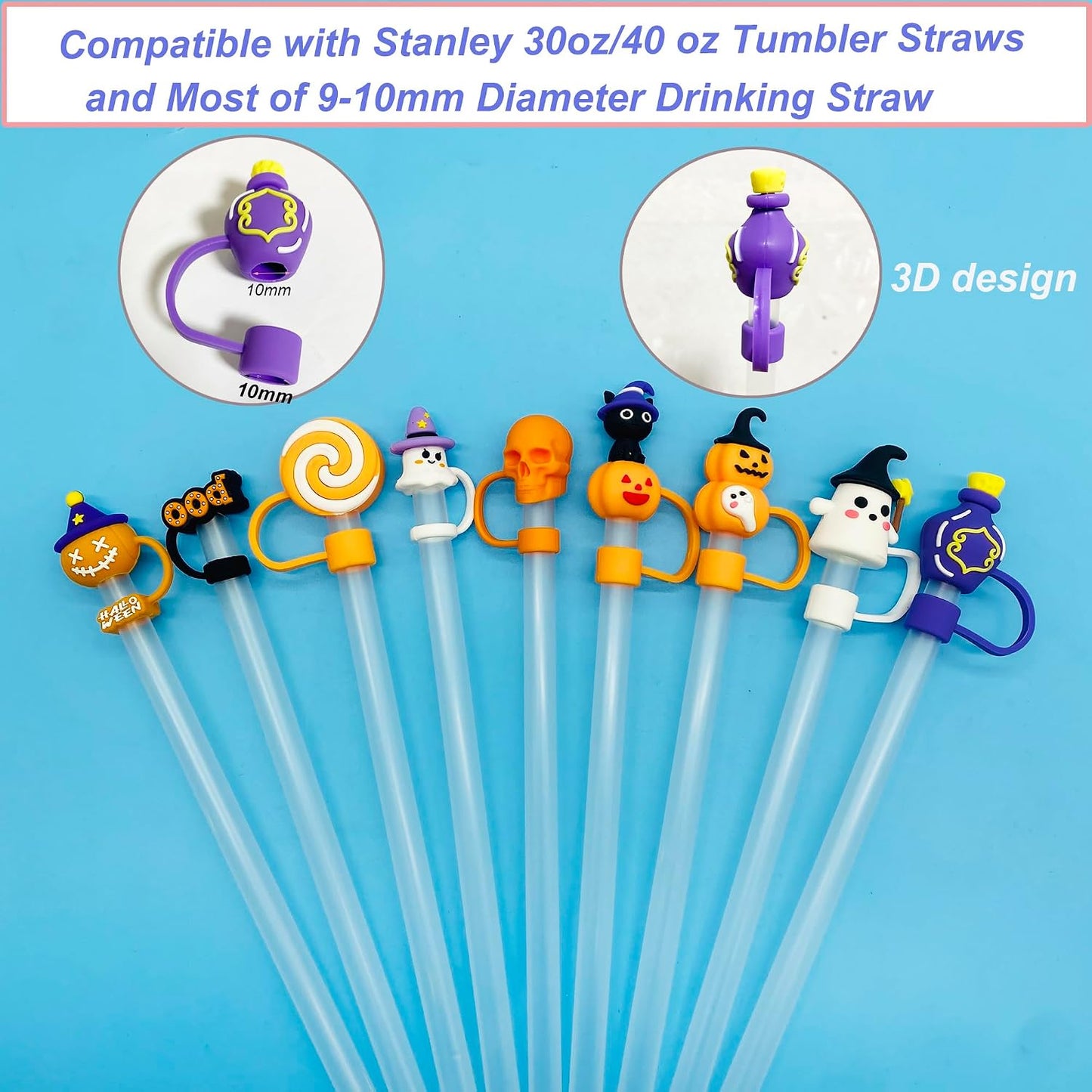 9PCS 3D Halloween Straw Toppers for Stanley Cup, Cute Silicone Skull Ghost Straw Covers Cap Compatible with 30&amp;40oz Tumbler with Handle,10mm 0.4in Dust-Proof Reusable Tips Lids for Halloween Gifts