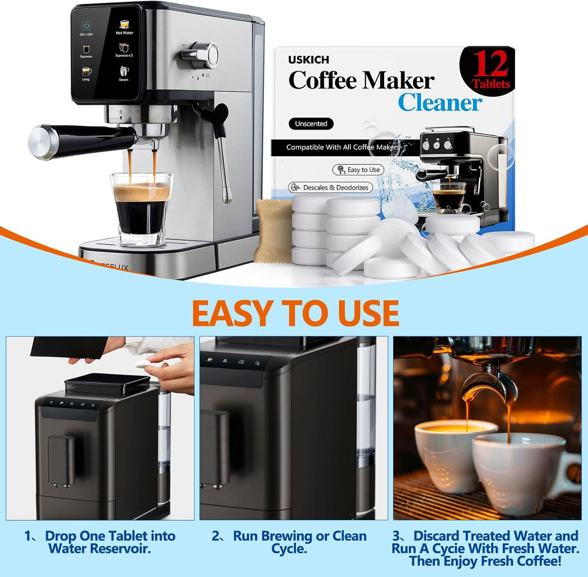 Coffee Machine Cleaner Descaler Tablets 12 Pack, Coffee Maker Cleaner for Keurig, Ninja, Breville, Delonghi, Nespresso, Miele,Espresso Machine Cleaning Tabs,Descaling Solution for Coffee Pot Maker