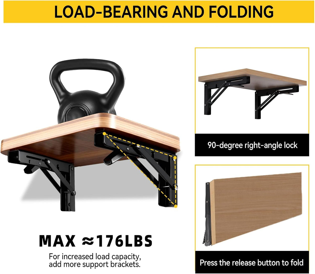 Folding Shelf Brackets, Collapsible Heavy Duty Shelf Brackets for Fold Down Desk, 12 Inch with 2 Pack, Black