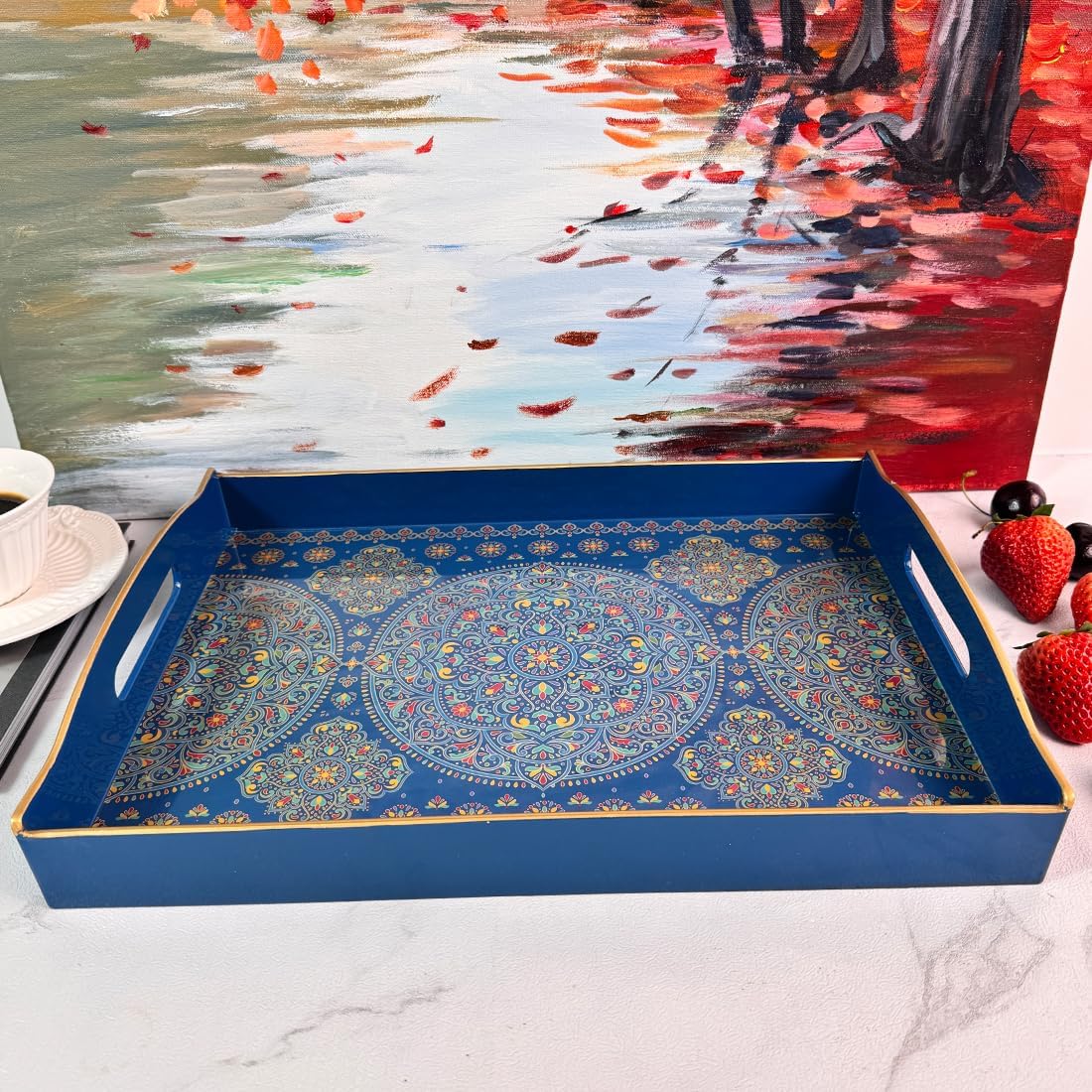 Boho Blue Decorative Tray, Serving Tray with Handles, Plastic Tray for Coffee Table, Ottoman - Ideal for Living Room &amp; Bathroom. 15” x 11” x 2.5”