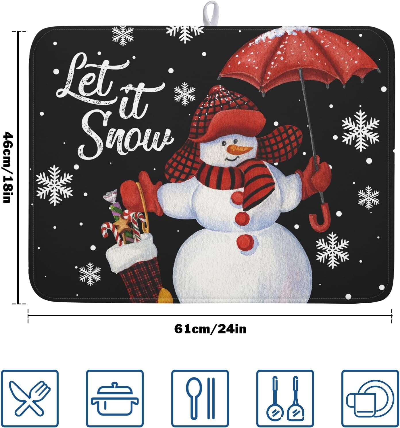 Black Snowman Dish Drying Mats for Kitchen Counter, Winter Snowflake Dish Mat Absorbent Reversible Microfiber Dish Drying Pad Christmas Kitchen Drying Mat Dish Drainer Rack Mats for Bar 18”x24”