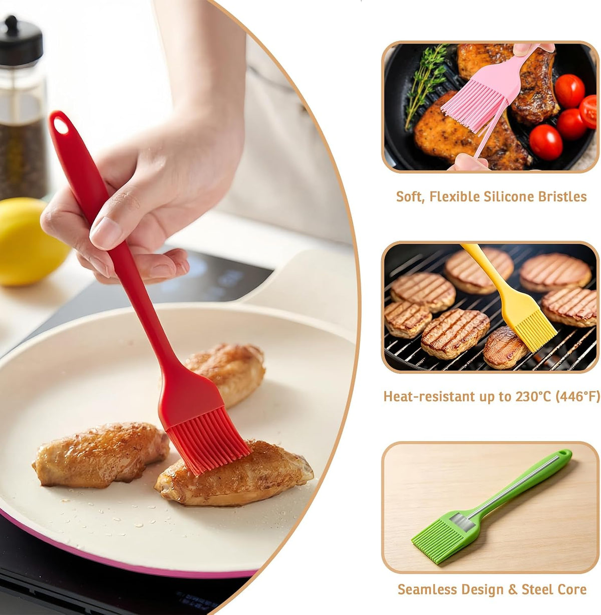 Silicone Basting Pastry Brush, 5 PCS Heat Resistant Food Brush Set, One-Piece Design, Stainless Steel Core Oil Brush of Baking, BBQ, Spreading Oil, Butter, Grilling, Marinade, Dishwasher Safe