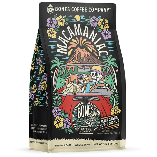 Bones Coffee Company Macamaniac, Macadamia and Coconut Flavored Coffee, Medium Roast Low Acid Arabica Beans Compatible with Auto drip and French Press Coffee Maker, 12 Oz Ground