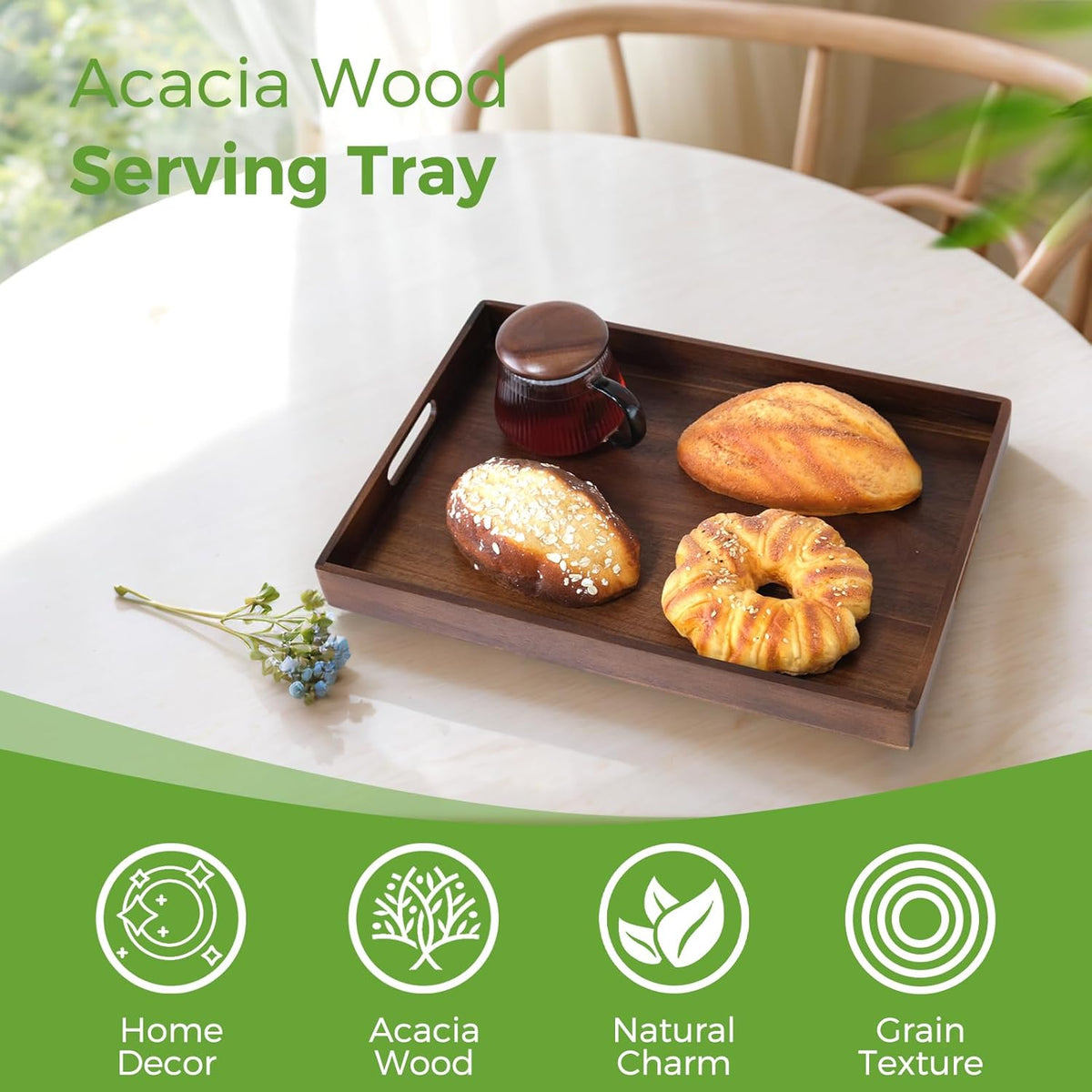 Acacia Wood Serving Tray with Handles, 17 Inch Wooden Tray for Ottoman, Breakfast, Lunch, Dinner, Decorative Rectangular Tray for Living Room, Kitchen Counter, Outdoor