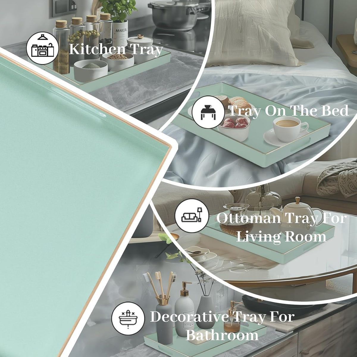 MAONAME Mint Green Decorative Tray for Ottoman, Serving Tray with Handles | Plastic Melamine Tray, Modern Coffee Table Tray, Rectangle Countertop Organizer Tray for Living Room, 15.8"L x 10.2"W x 1.4"H