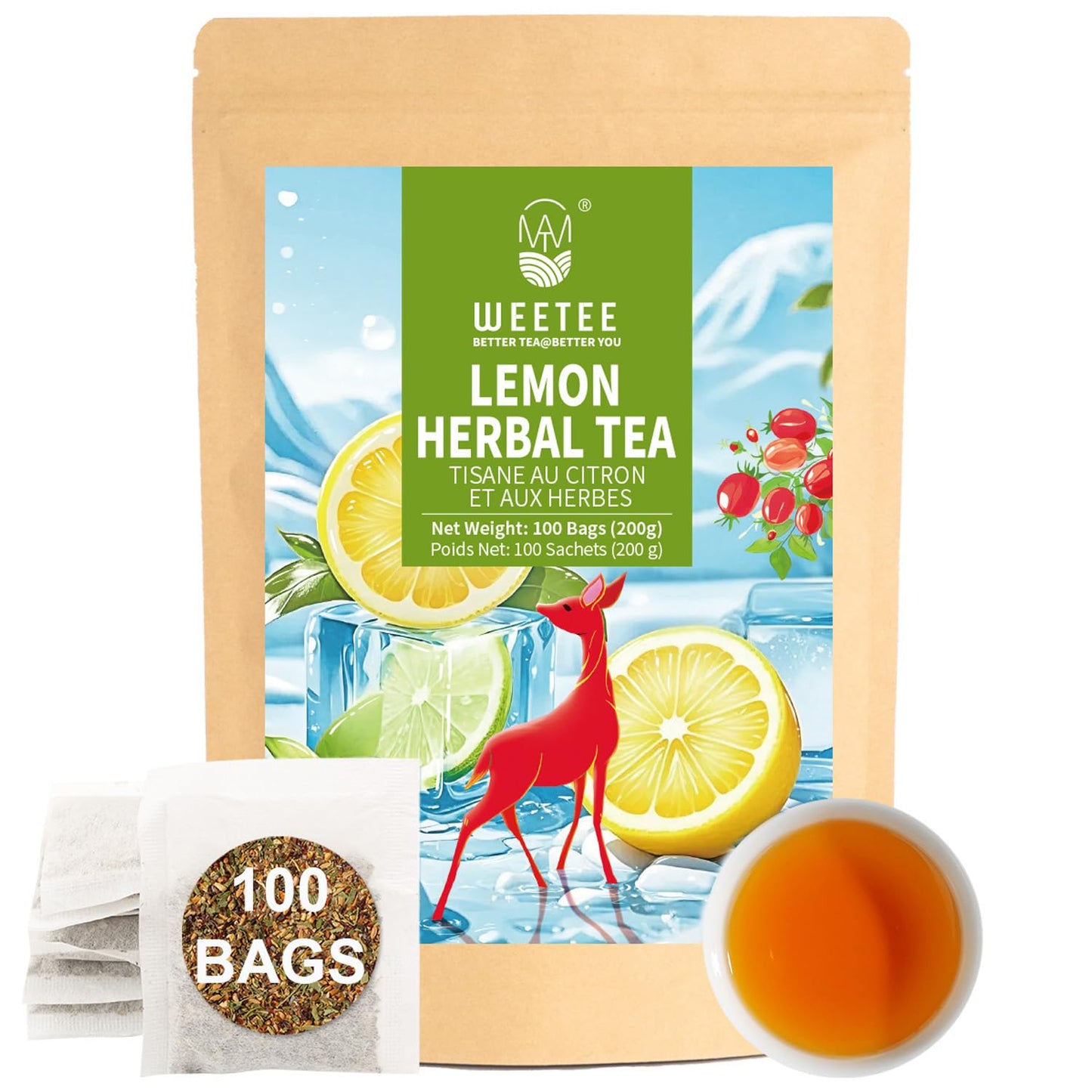 WT WEETEE Lemon Herbal Tea Bags 100ct, Juicy Lemon Flavor, Hot Iced &amp; Cold | Natural Caffeine-free Lemon Tea with Rose Hip &amp; Lemon Peel, Bright, Refreshing Sweet-and-Sour Infusion for On-the-Go