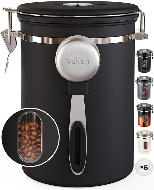 Veken Coffee Canister with Window,Airtight Stainless Steel Container,Home Kitchen Food Storage Organizers for