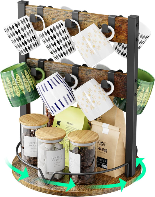 KLM Wood Coffee Mug Holder,12 Hook Mug Tree Holder Rack with Storage Base,Mug Display Organizer,Mug Holders for Home