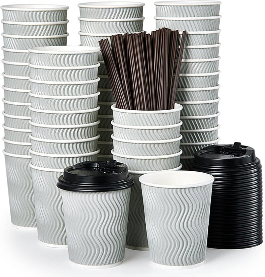 MUCHII 8 oz Disposable Paper Coffee Cups, 100 Count Insulated Ripple To Go Cups With Lids and Straws for Tea, Hot Chocolate,
