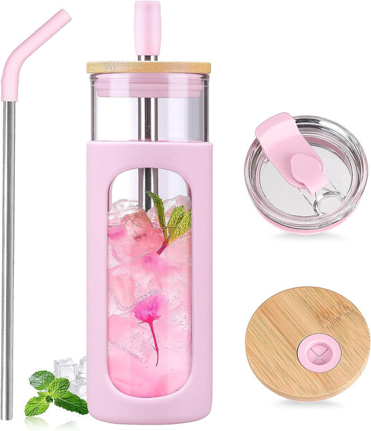 Kodrine 24oz Glass Tumbler with 2 Lids and Straws, Glass Cup With Bamboo Lid and On-the-go Lid, Reusable Iced Coffee Cup,
