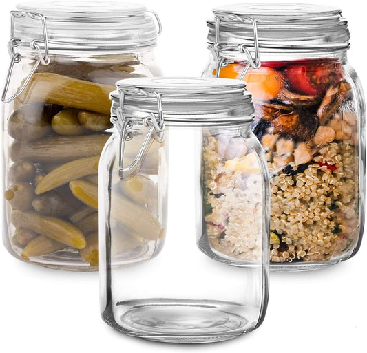 Set of 3 Mason Jars with Lid (1 Liter) | Airtight Glass Storage Containers for Food, Flour, Pasta, Coffee, Candy, Dog