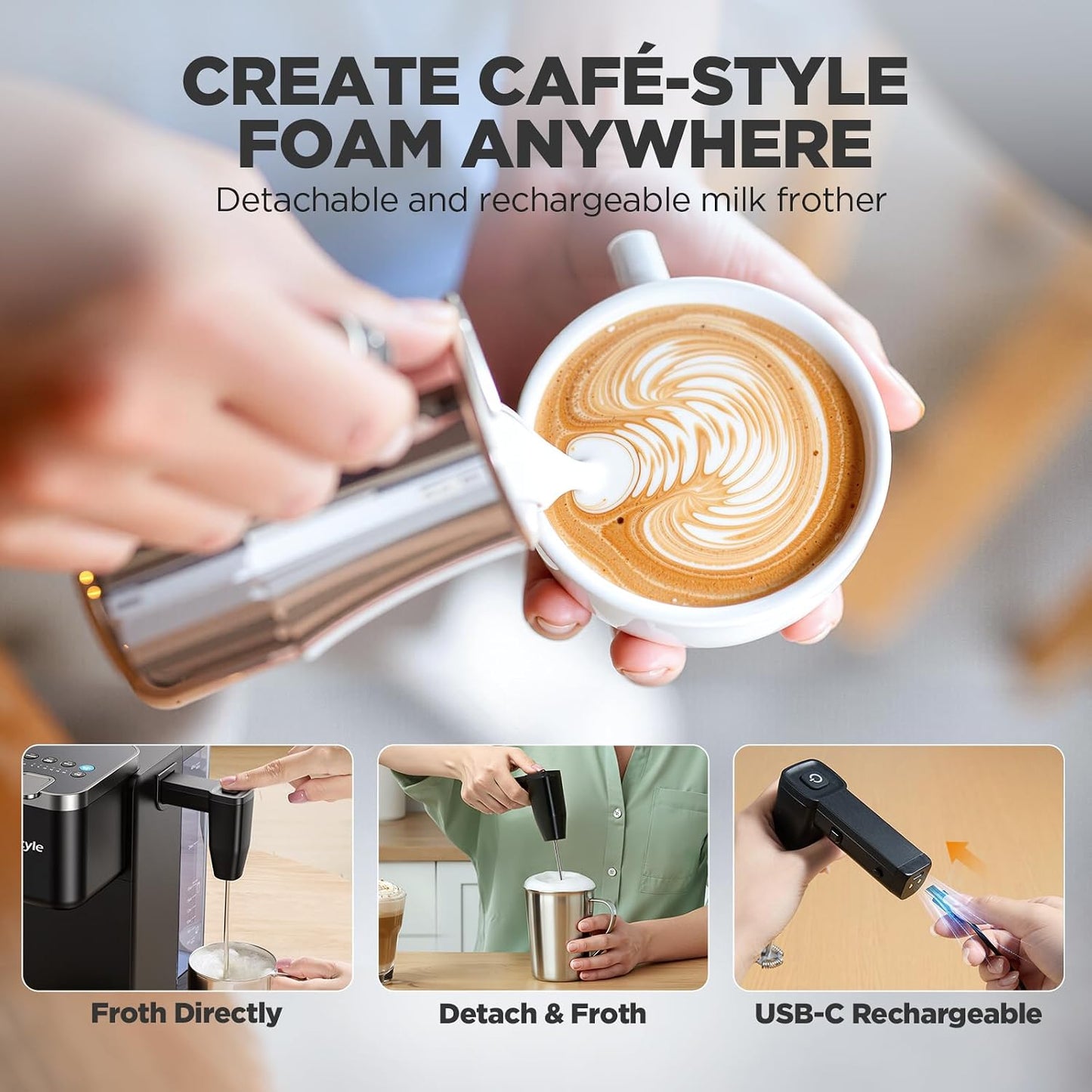 Tastyle Single Serve Coffee Maker with Built-in Detachable Milk Frother | For K Cups &amp; Grounds, 40oz Removable Water Tank, 6 Brew Sizes, 2 Drip Trays, BPA Free, Fits 7.3" Travel Mug, K330MF, Black
