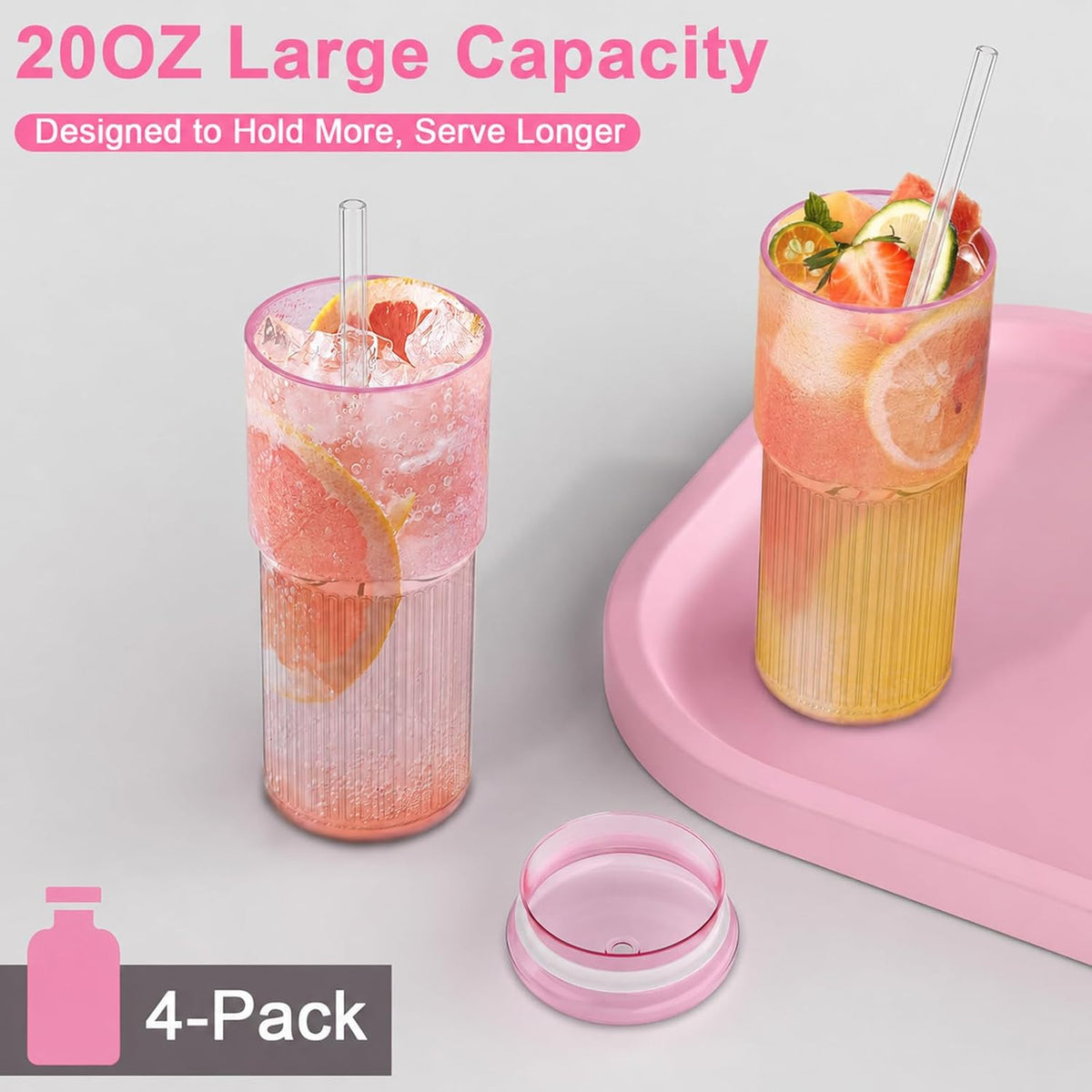 Luiaiog Glass Cups with Lids and Glass Straws, High Borosilicate 20OZ Pink Tumblers (2Pcs) for Coffee, Tea, Juice, Smoothies, Hot &amp; Cold Drinks at Home/Office