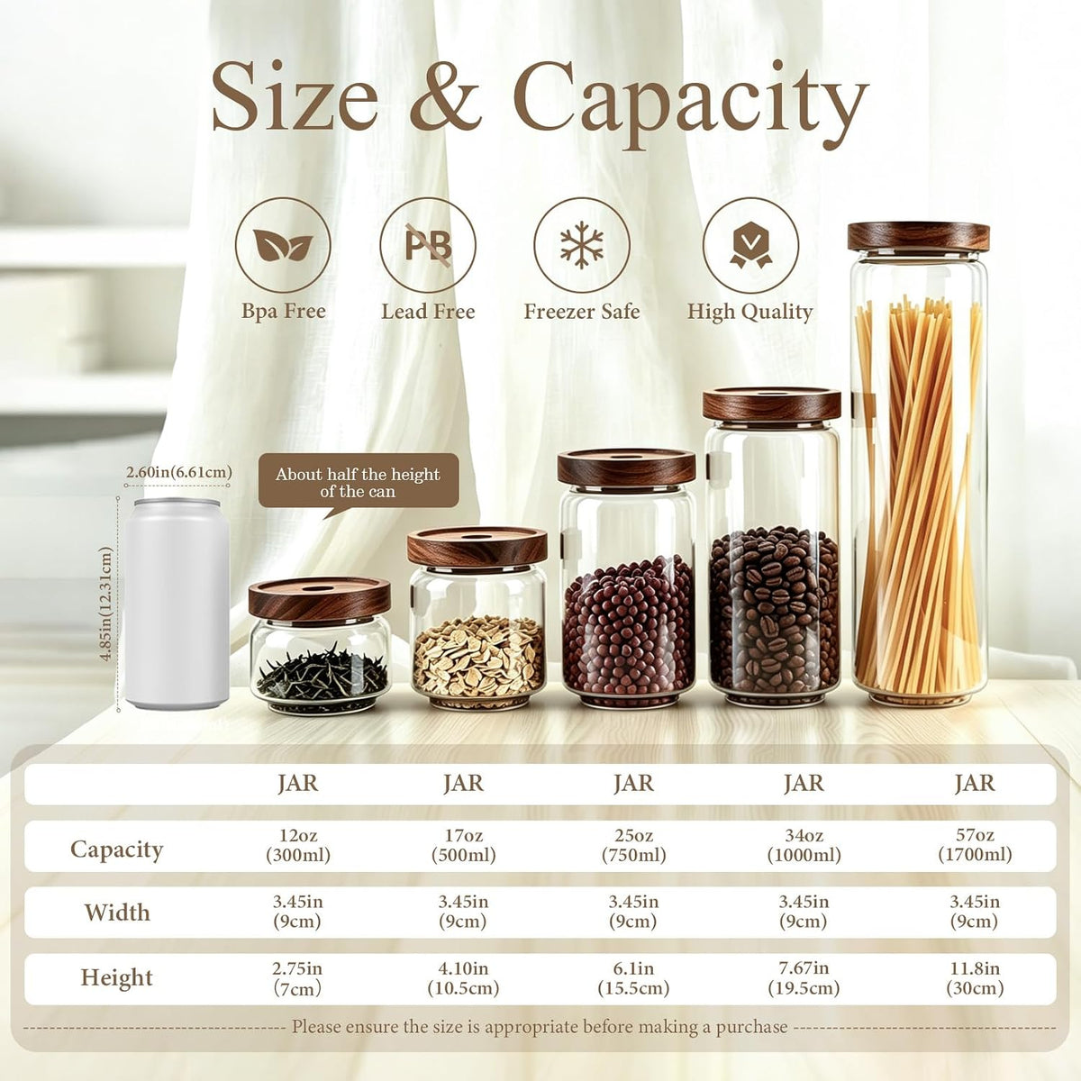 Glass Jars with Airtight Wood Lids - 25 OZ / 750 ML Kitchen Pantry Storage Containers, Decorative Canister for Chia Seed, Coffee Bean, Sugar, Spice, Cereal, Oats, Cookie, Candy, Tea, Nuts, Set of 2