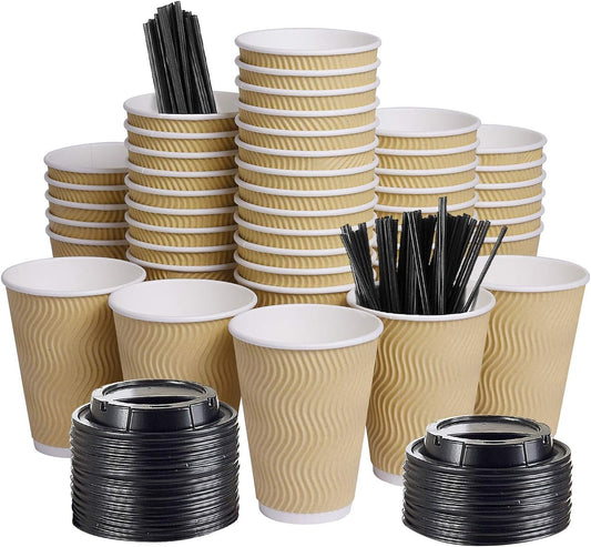 Disposable Paper Coffee Cups with Lids, 100 pack 12 oz Ripple Wall Insulated To Go Coffee Cups for Hot/Cold Beverage,